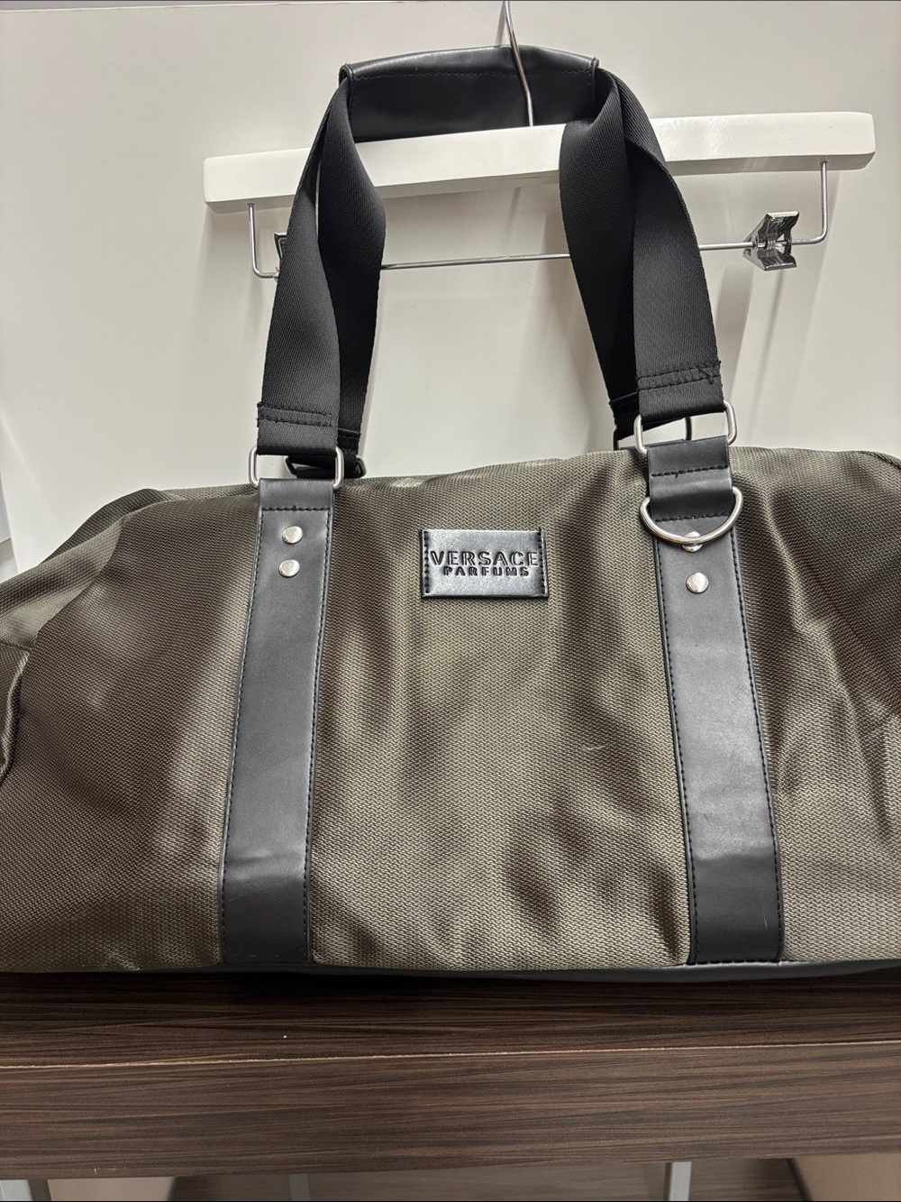 Versace Parfums Olive Green and Black Travel Duffle Bag - Broken Zipper